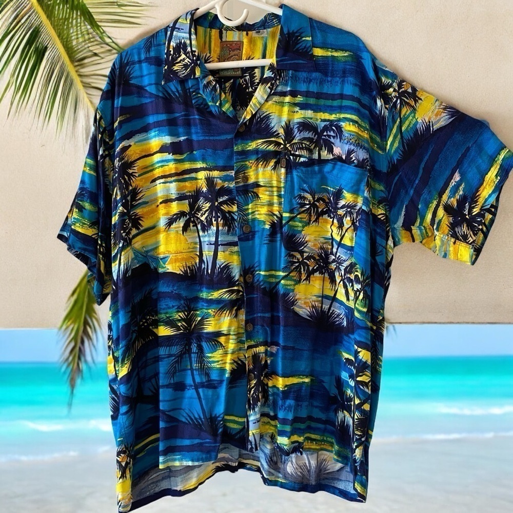 Ocean Current Vintage Hawaiian Men’s XL Blue Shirt Vacation Palm Trees Sunset